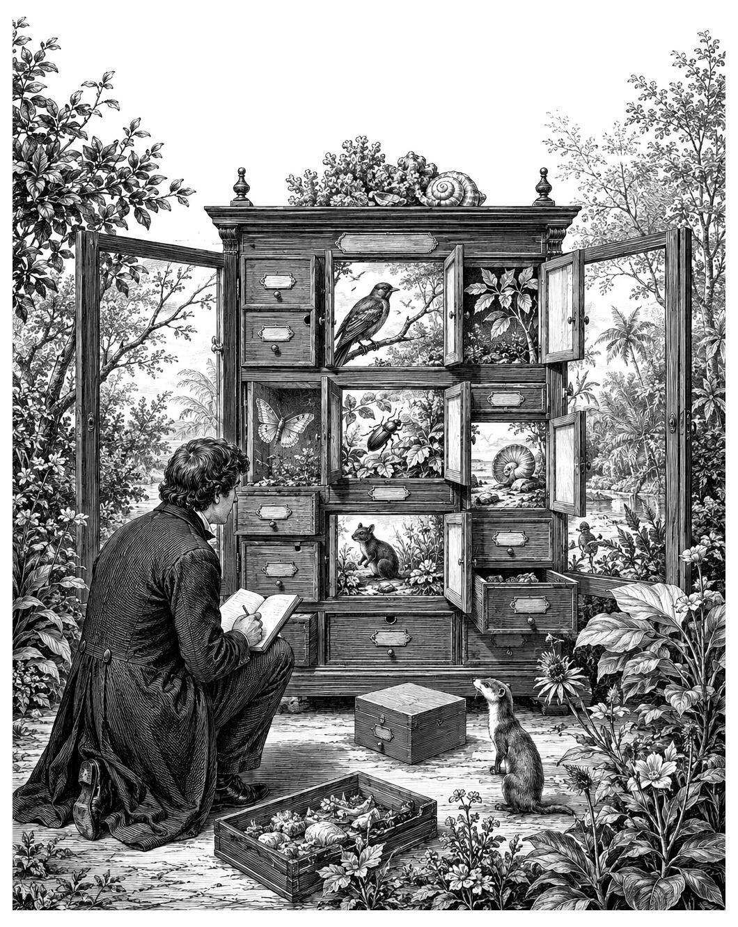 A person kneels, sketching book 08 “PARADISE_LOGGED” near an open cabinet labeled “door not cage,” with a ferret and plants nearby.