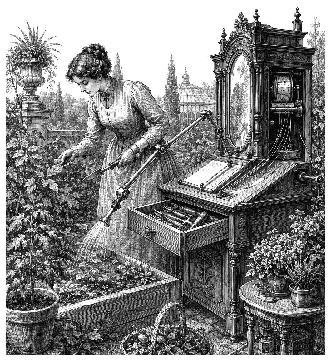 A woman in vintage clothing waters plants with a hose attached to an ornate antique machine, her guidebook open beside her.