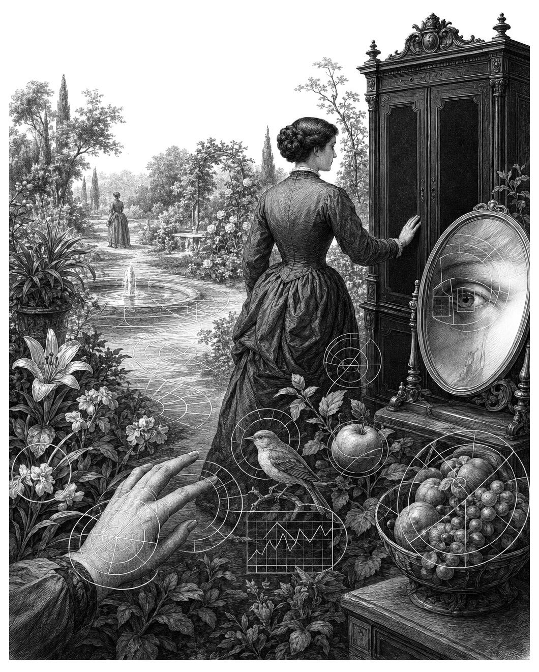 A woman in a garden opens a cabinet, surrounded by mirrors, fruits, and diagrams with the text PARADISE_LOGGED.
