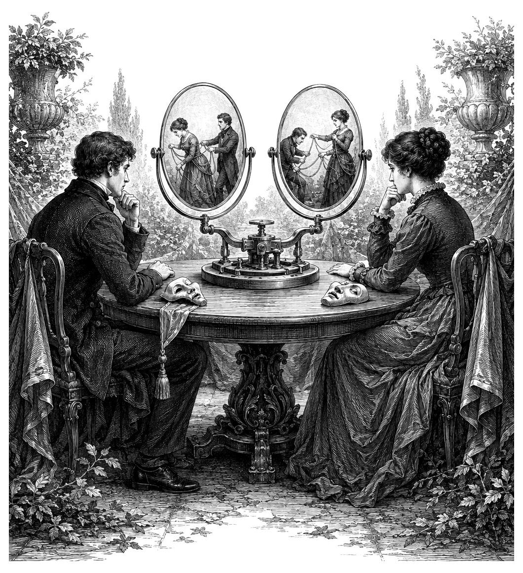 A man and woman in vintage clothing sit at a table with masks, looking into mirrors reflecting them dancing together.