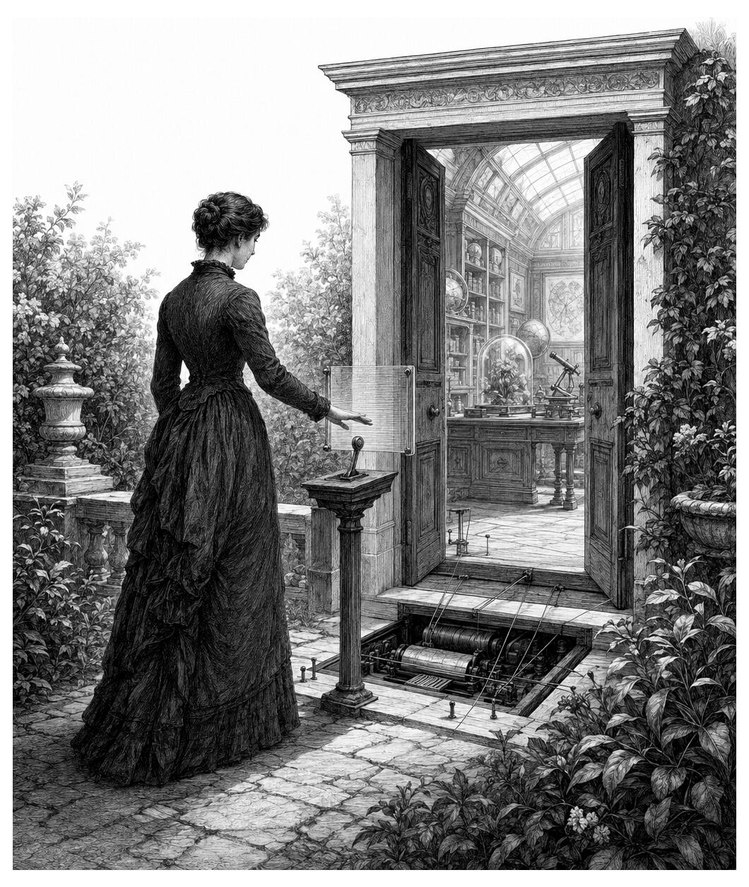 A woman in a long dress pulls a lever outdoors, opening a hidden entrance to a study filled with books and scientific instruments.