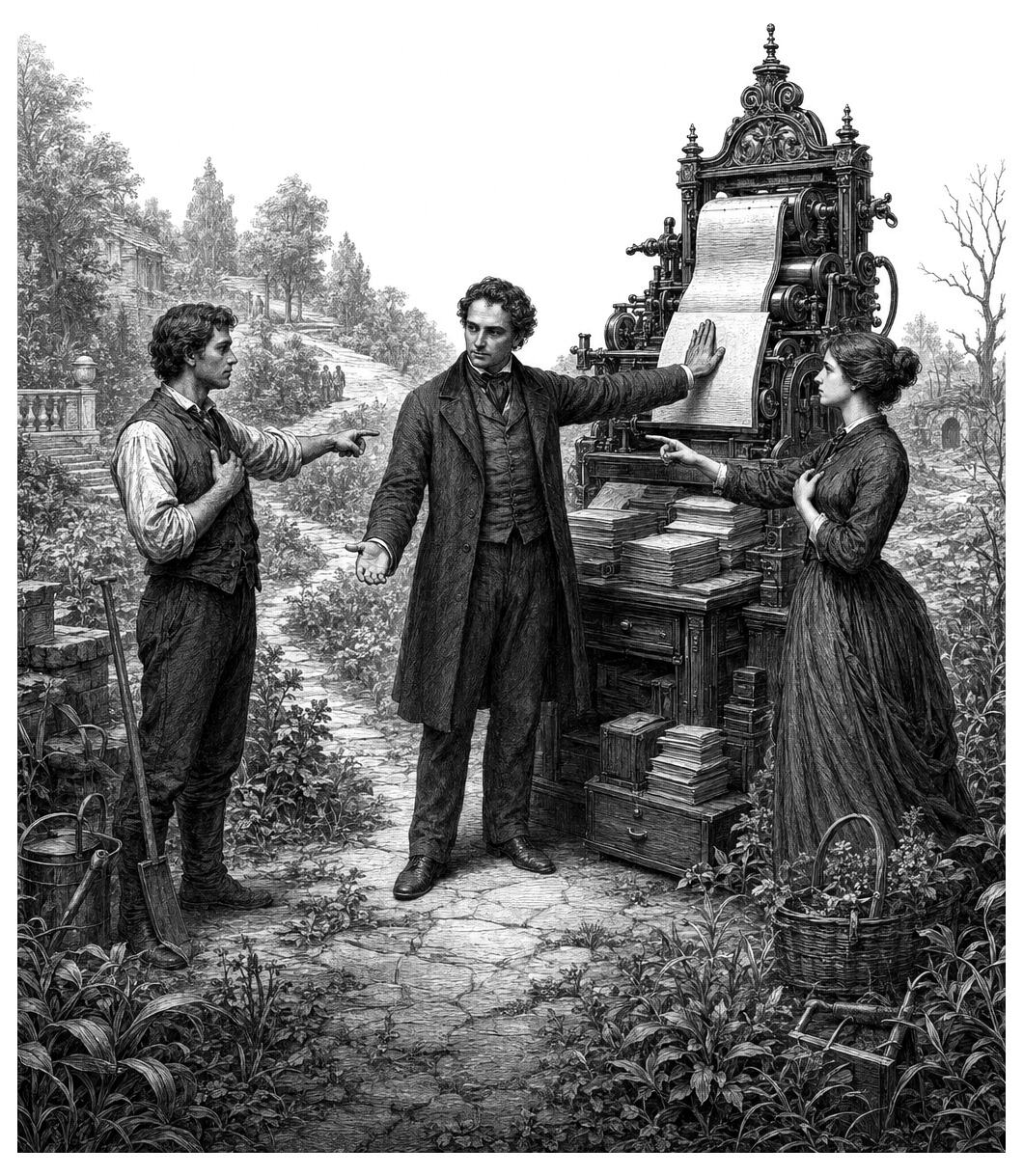 Three people talk near an ornate printing press and books as others allow people to testify.