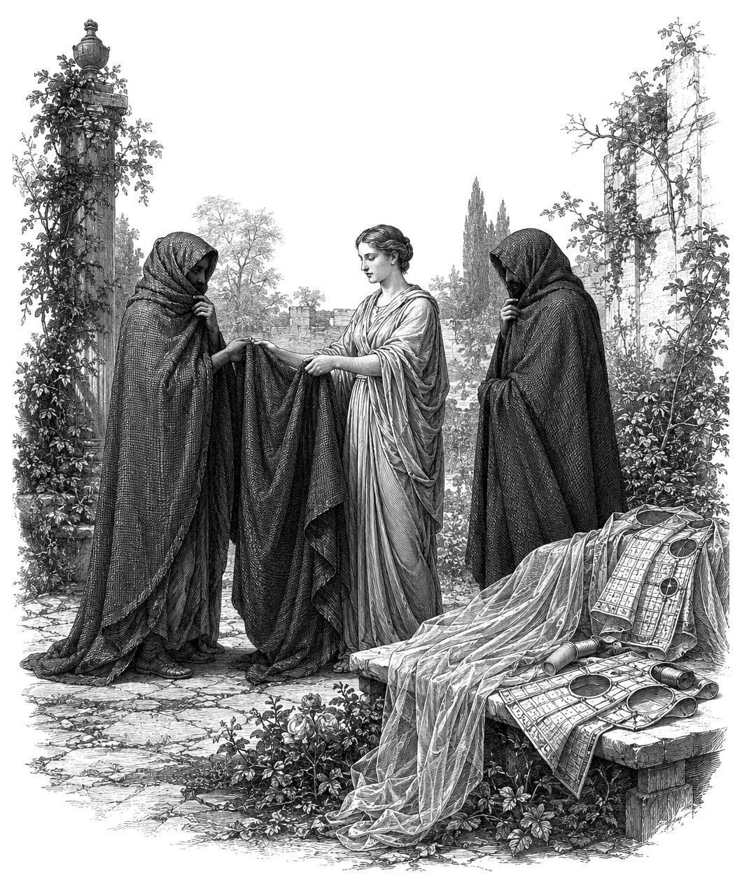A woman in a gown stands between two hooded figures, holding cloth with the words “PARADISE_LOGGED” across fabric and stone.