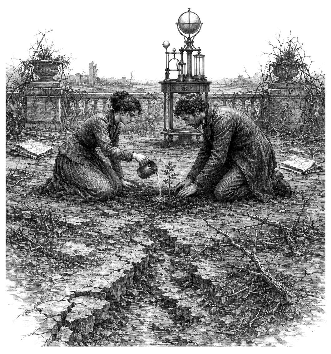 Two people kneel on cracked earth, watering a plant as scientific gear and barren branches hint at the theme “Paradise Logged.”.