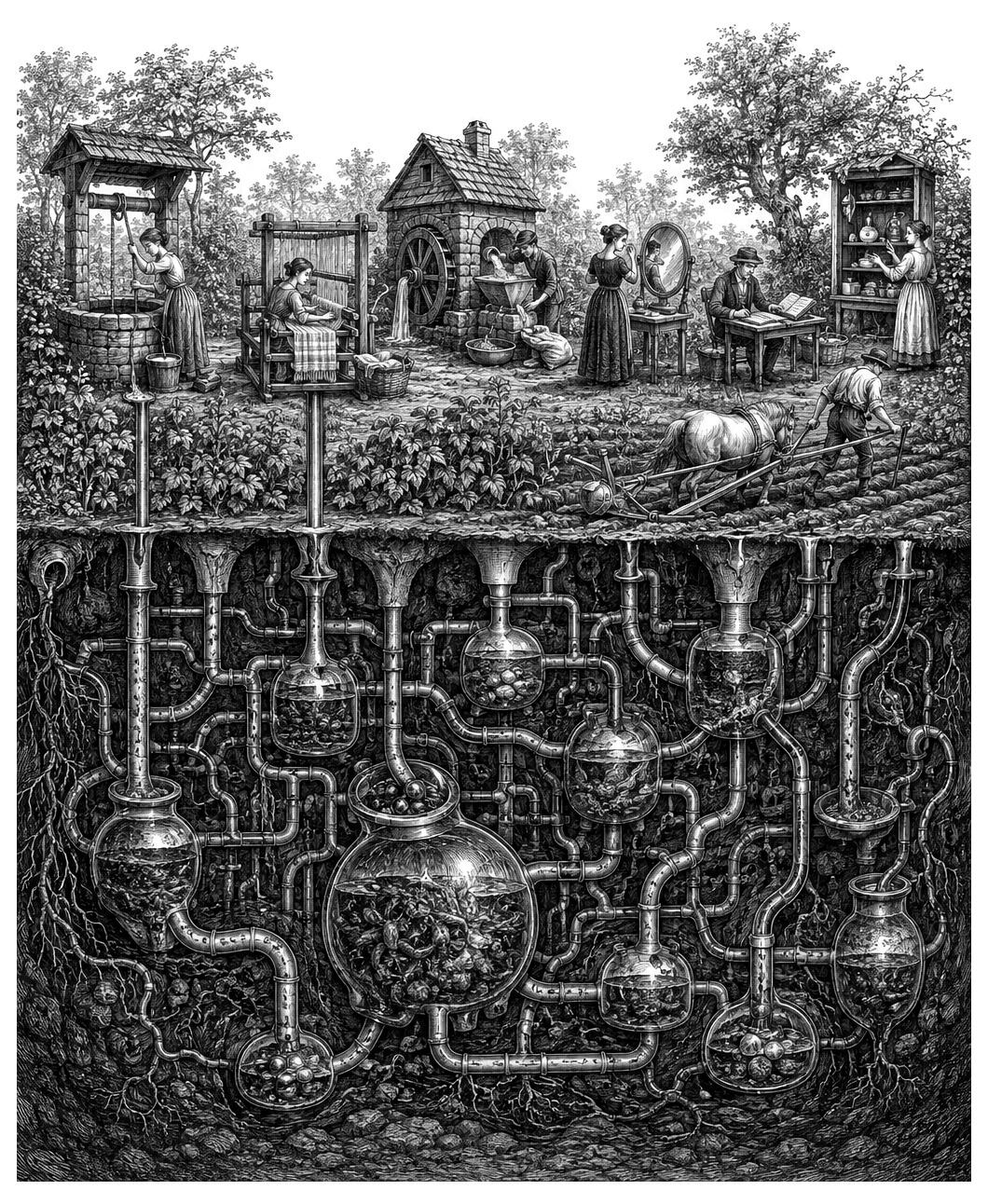 Women work above ground as thousands of small siphons and glass vessels below connect to an orb containing organic material.