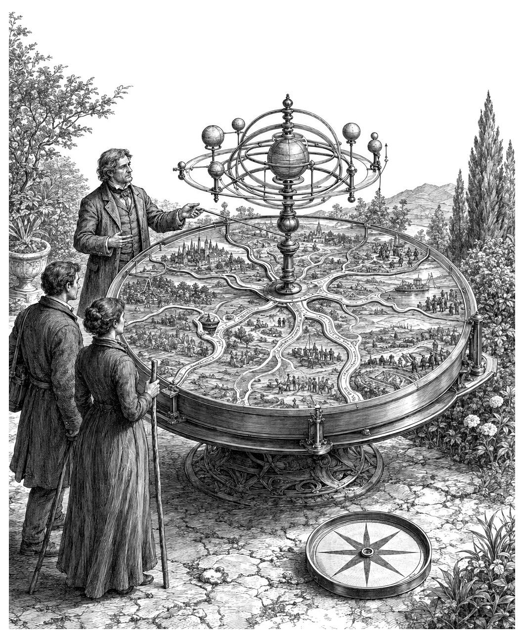 Three people stand by a table map beneath floating planets, appearing to discuss a forecast in the paradise_logged garden.