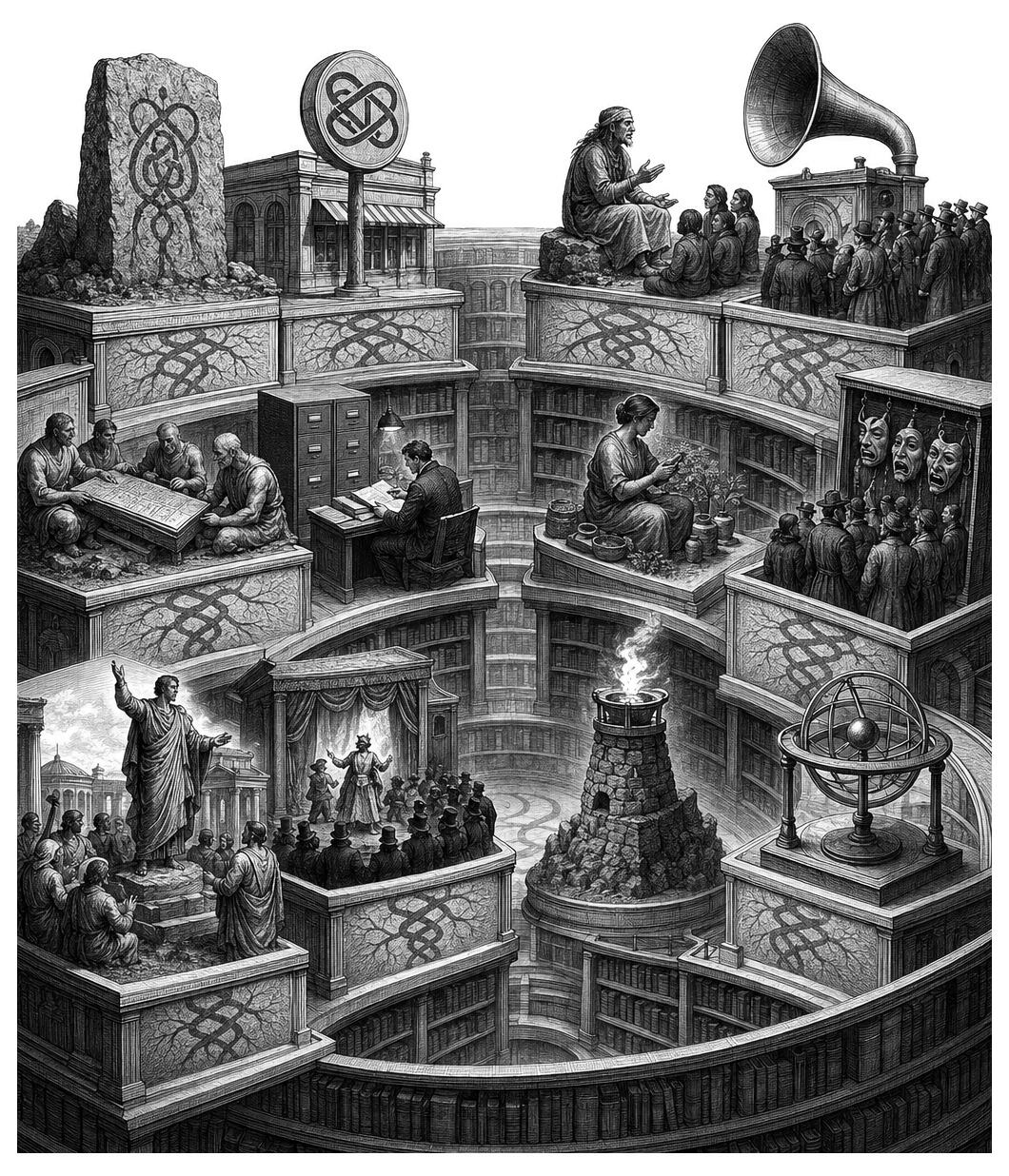 People study in a surreal library with statues, a fire, and scientific instruments on tiered platforms.
