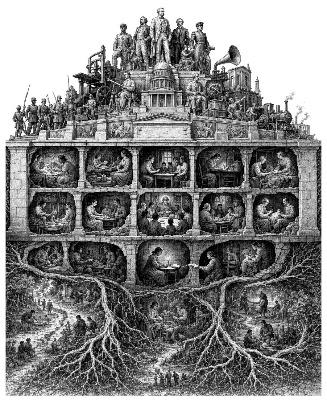 People occupy various levels of a structure, with roots linking each scene and suggesting the monument’s deep historical connections.