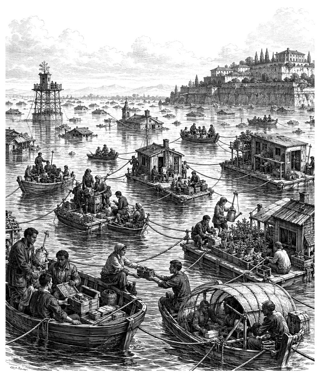 Boats gather on a busy river as people trade goods and interact near an ark, with buildings and hills visible in the background.