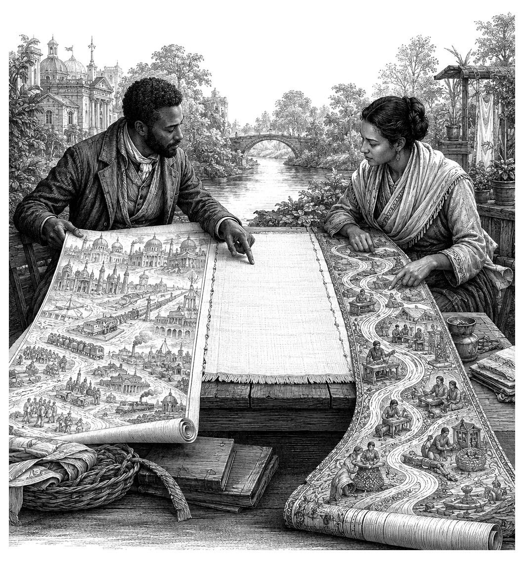Two people at a table unroll illustrated maps as a river flows past historic buildings in the background.