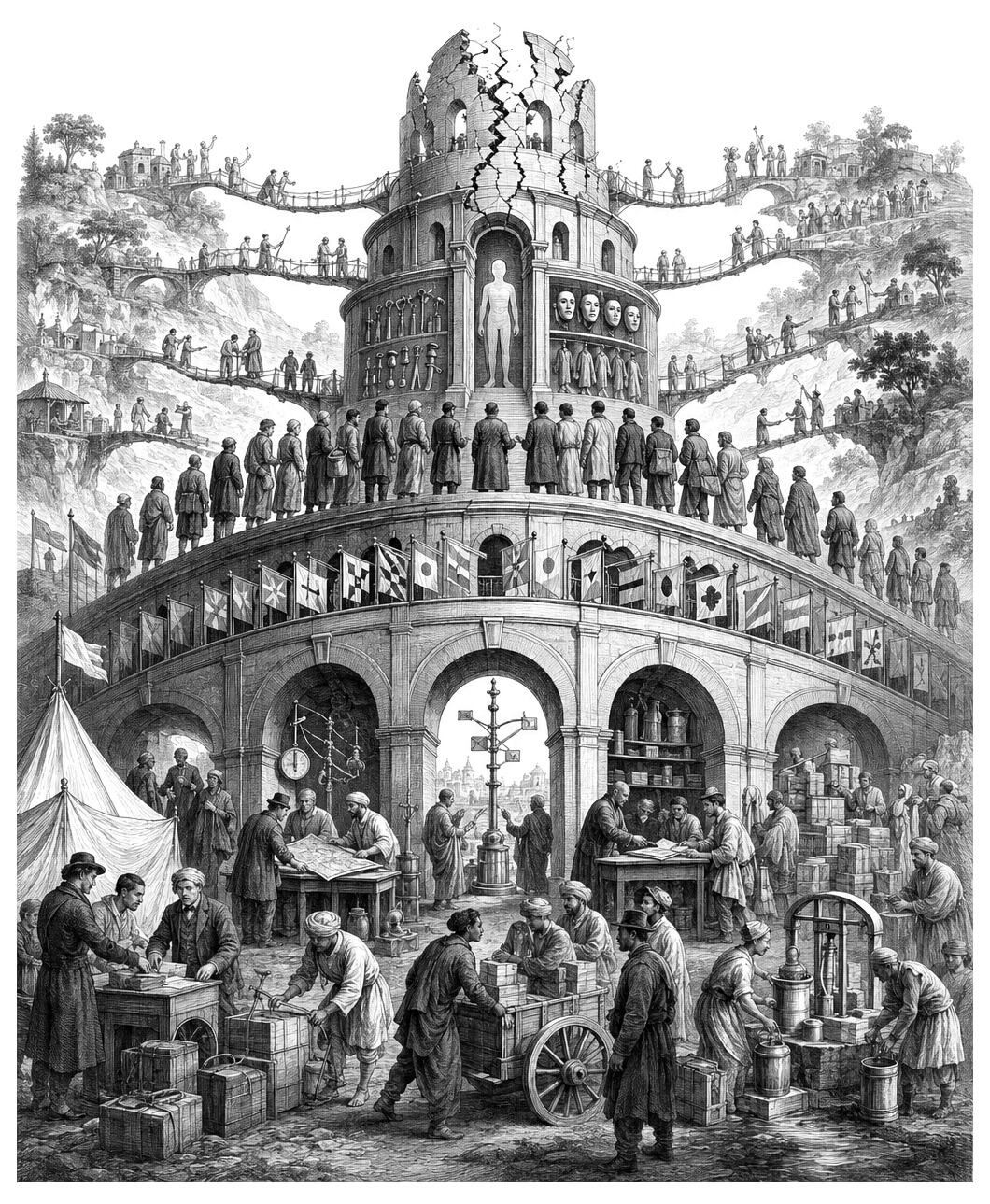 People move crates below a cracked tower while others ascend pathways in a busy, detailed scene.