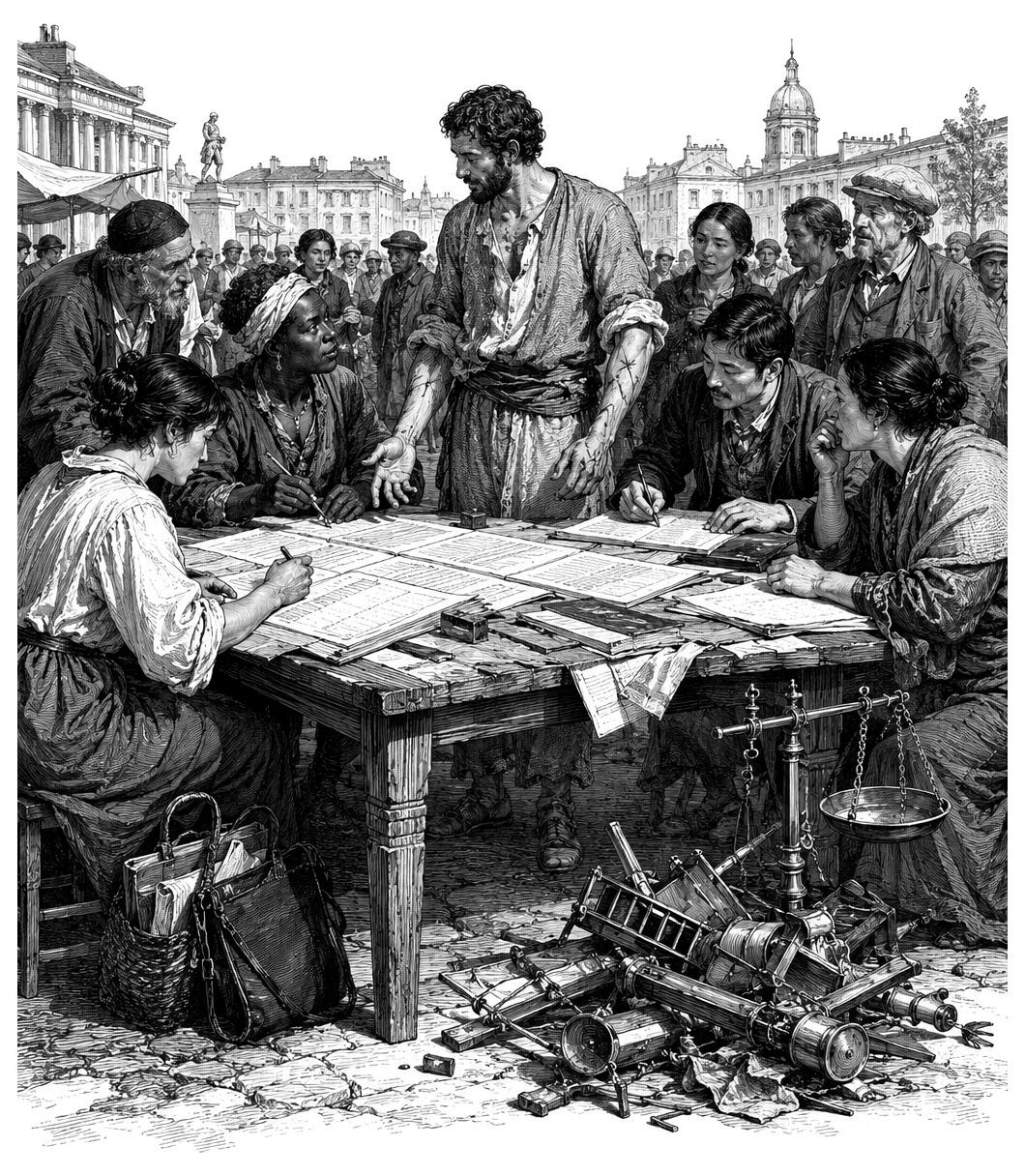 People sit around a table with papers; debris, scales, and a book labeled “12 12c” are in the foreground.