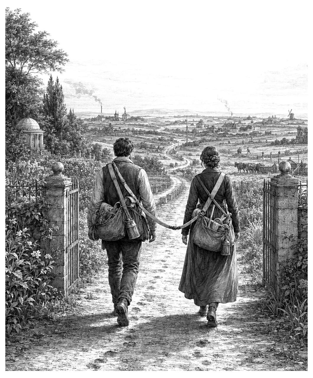 Two people with bags walk through a gate toward a distant town and fields, where smoke rises in the background.