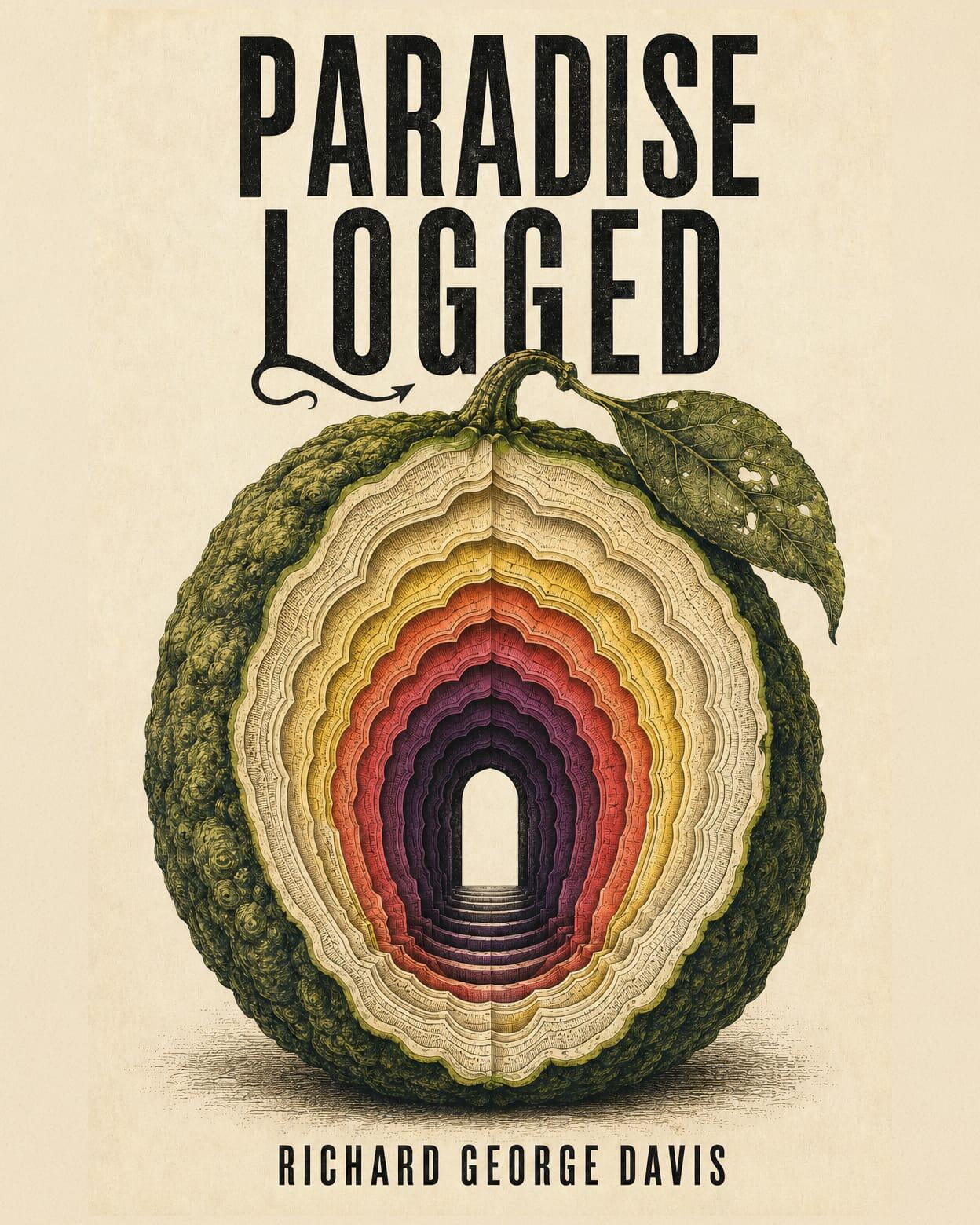 Sliced green fruit showing rings, featuring the title “Paradise Logged” and author “Richard George Davis” on the book cover.