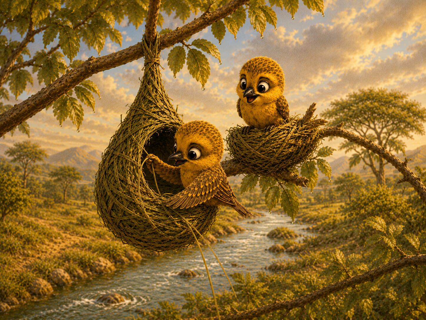 Two weaver birds trade grass strands while building hanging nests above a river.