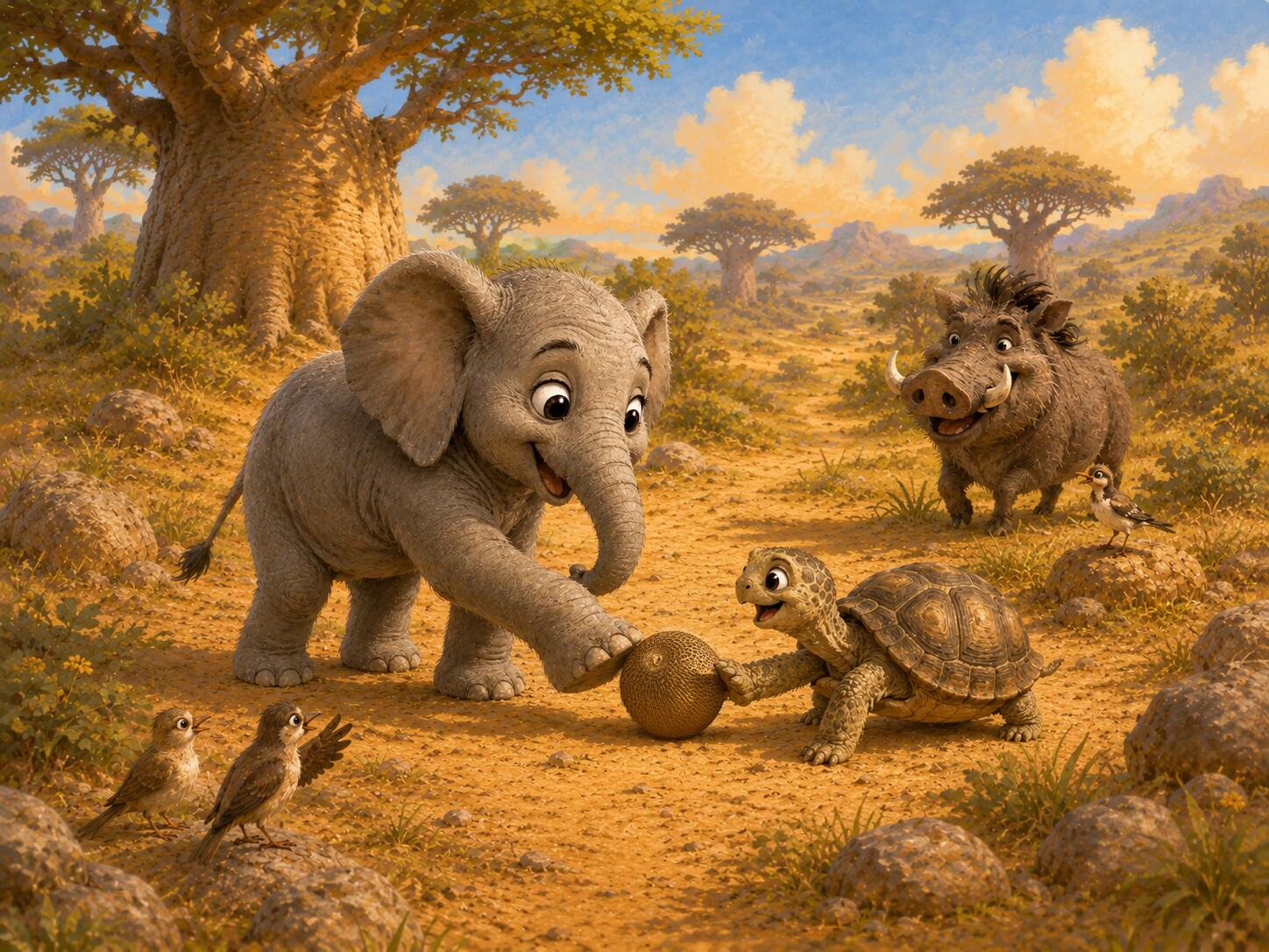 A young elephant gently rolls a baobab fruit toward a tortoise while birds watch.
