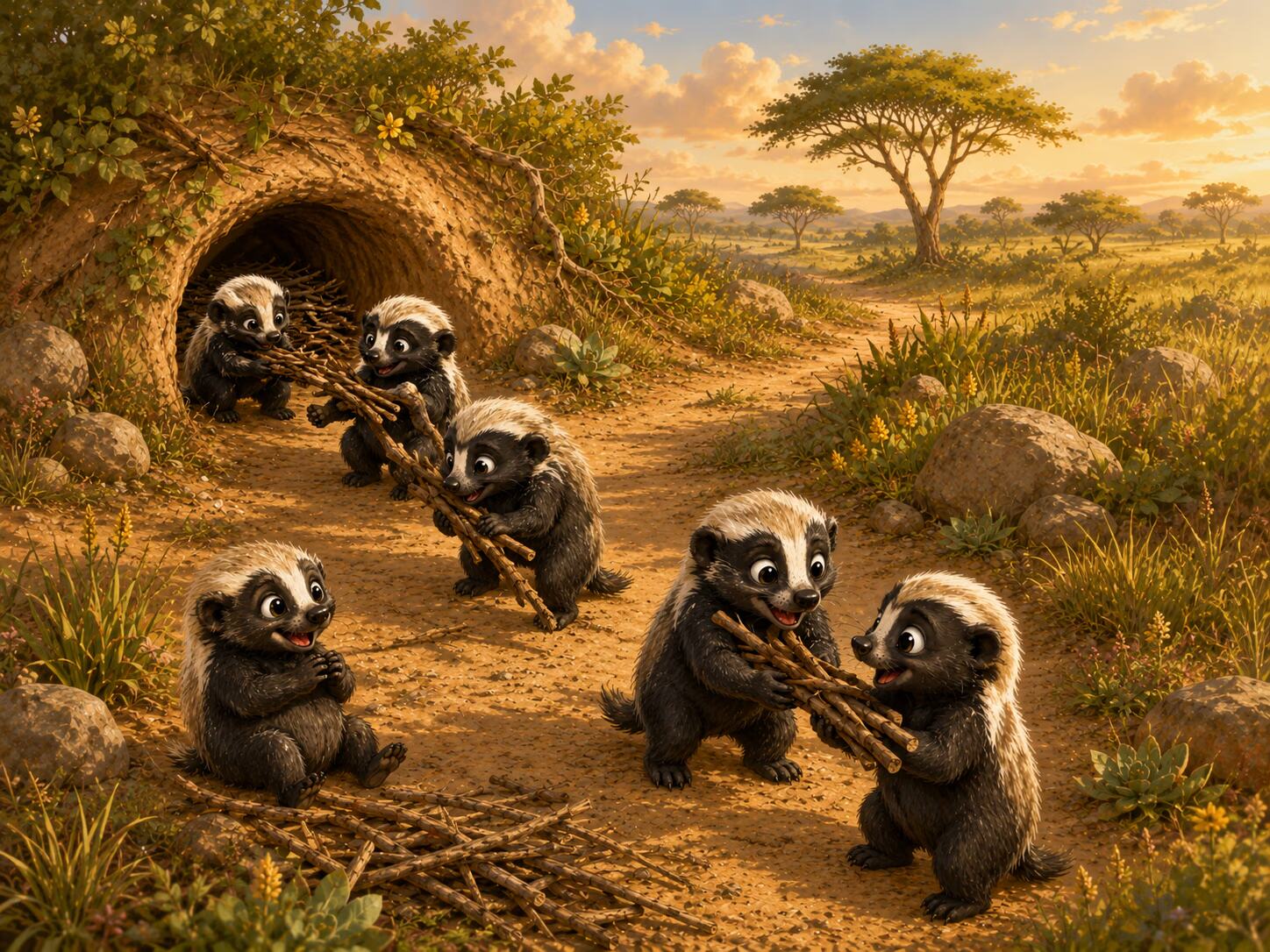 Young honey badgers pass sticks together outside a burrow, turning a heavy job into teamwork.