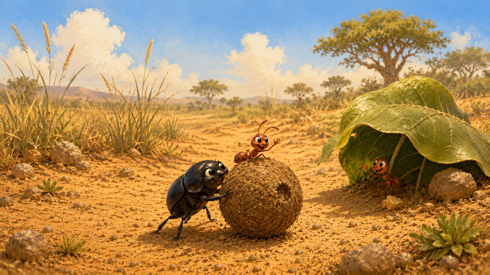 A dung beetle rolls a round ball across sandy grass while a small ant rides nearby.