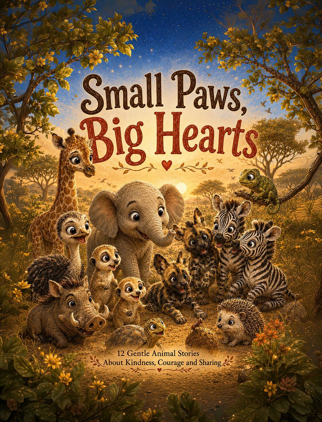 Illustrated cover for Small Paws, Big Hearts showing young African animals gathered in a warm savanna clearing.