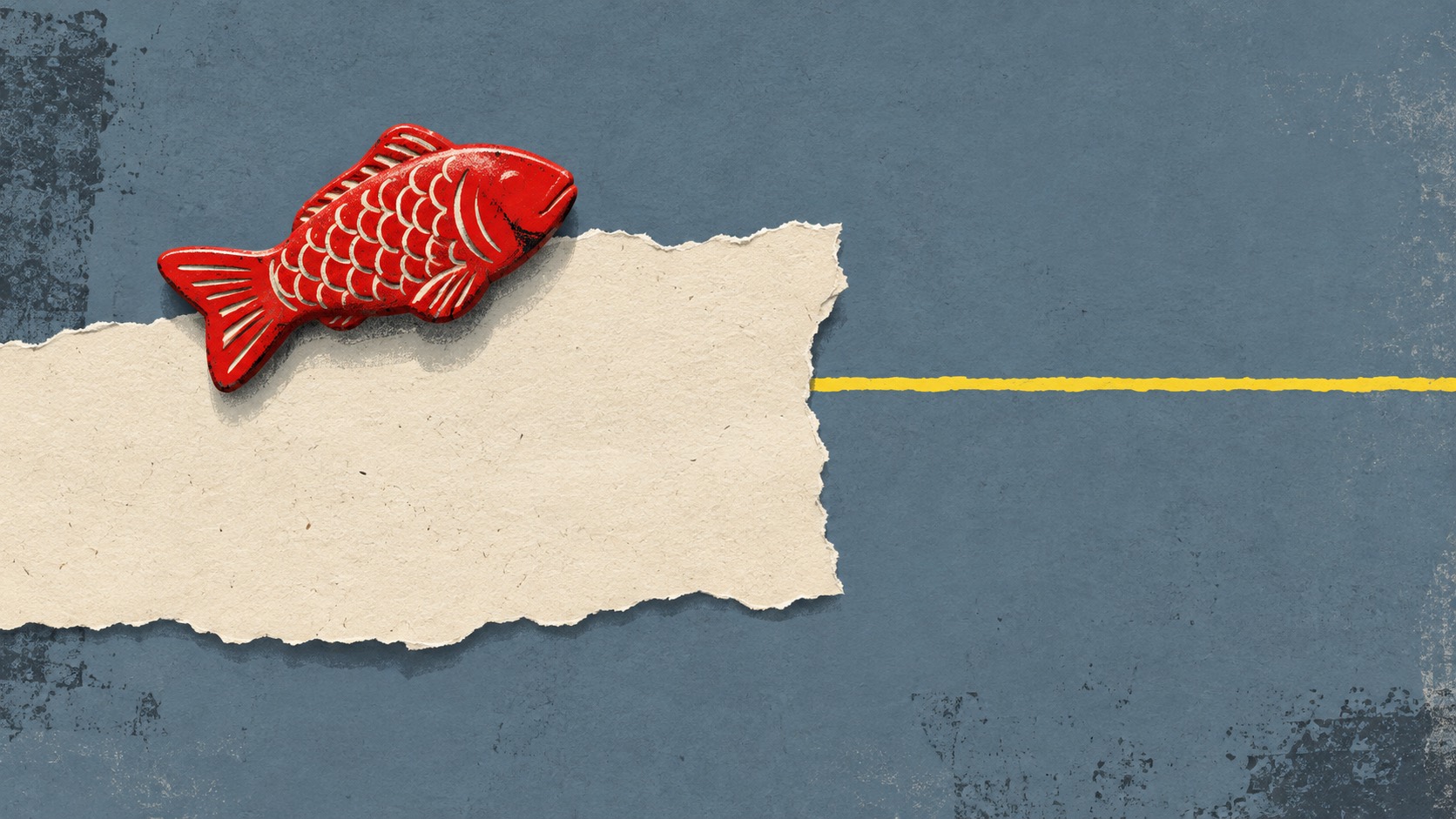 Flat editorial cover for The Complaints Department for Household Gods: a red fish magnet holds a torn cream field open against municipal blue-grey.