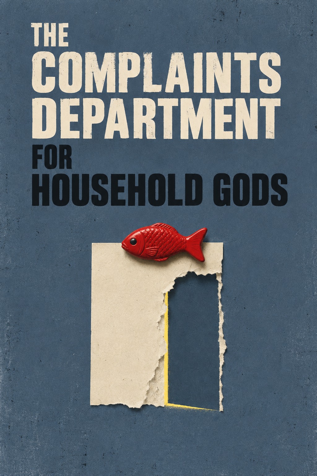 Flat editorial cover for The Complaints Department for Household Gods: a red fish magnet holds a torn cream field open against municipal blue-grey.