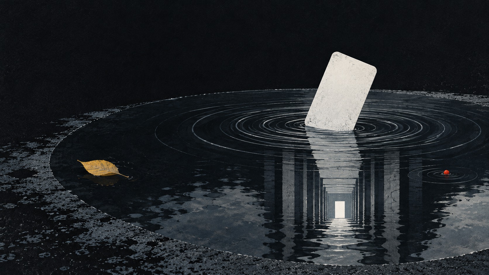 Flat editorial cover for The Museum of Almosts: a white hotel keycard enters black water, its reflection dissolving into a corridor of rings.