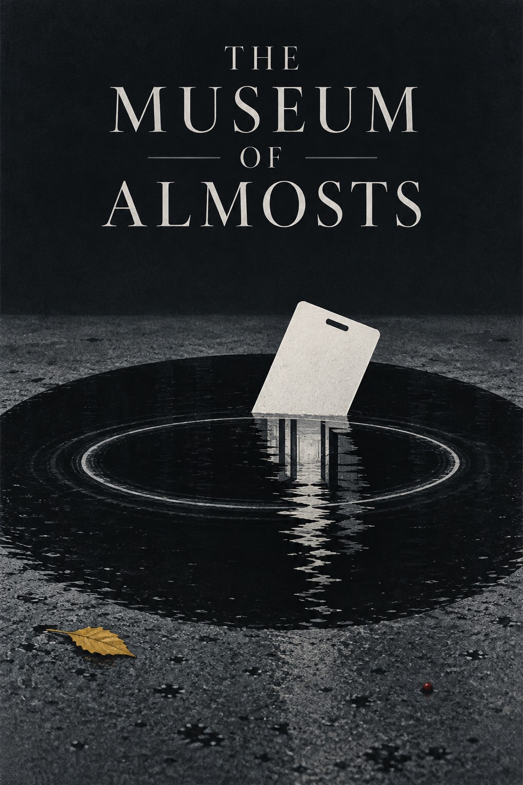 Flat editorial cover for The Museum of Almosts: a white hotel keycard enters black water, its reflection dissolving into a corridor of rings.