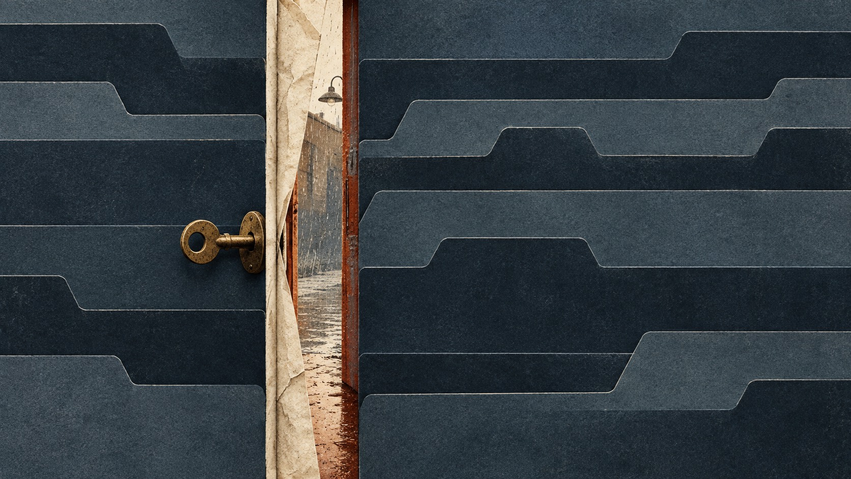 Flat editorial cover for The Office of Things Misplaced Tomorrow: a brass key opens a narrow rain-marked gap through dark municipal file tabs.
