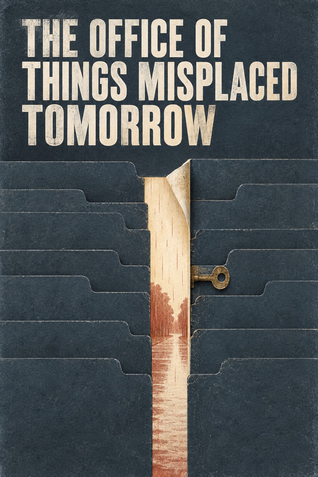 Flat editorial cover for The Office of Things Misplaced Tomorrow: a brass key opens a narrow rain-marked gap through dark municipal file tabs.
