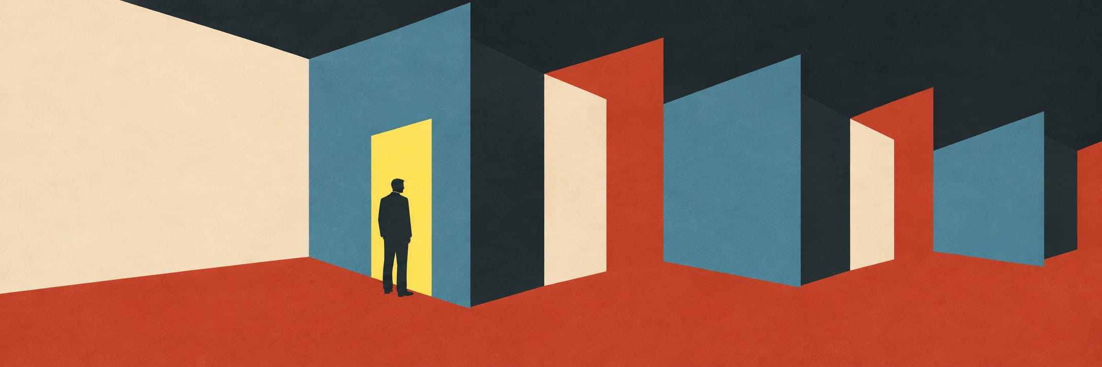 Flat cover titled THE ROOM KEEPS CHANGING in bold dark lettering beside a lone man in a yellow doorway, framed by cream, blue, charcoal and rust room panels.