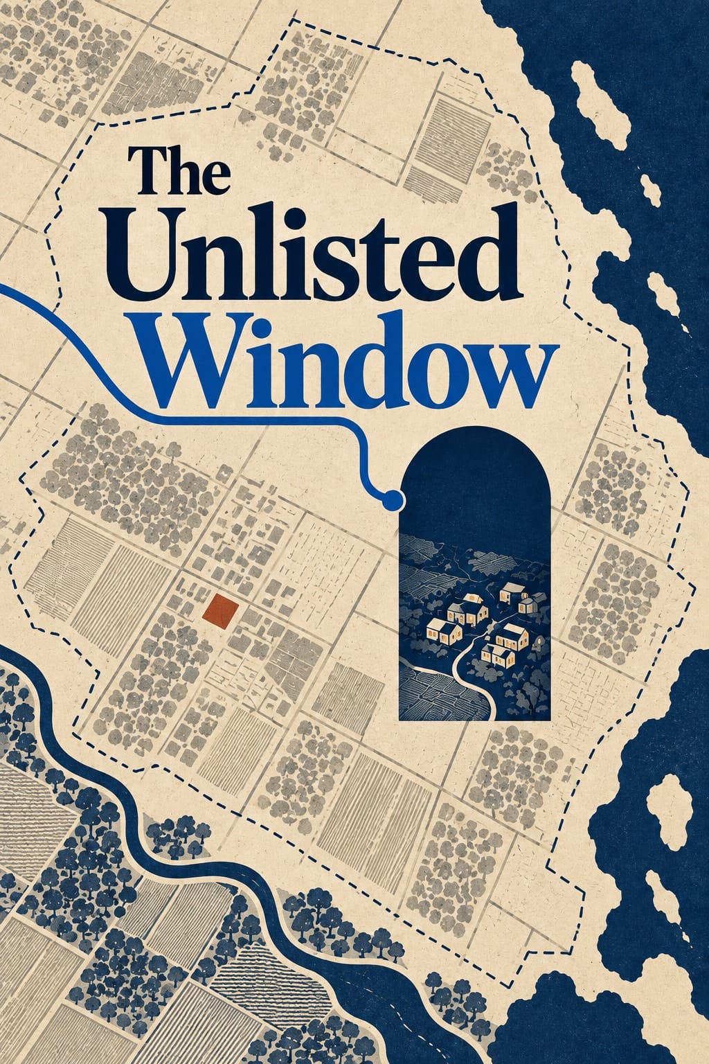 Flat cover titled The Unlisted Window: an ivory settlement map crossed by a blue route, with a navy arched window showing a small village.