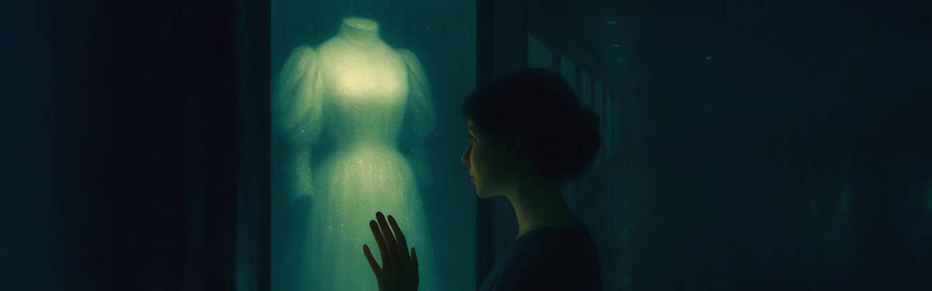 Glowing Victorian dress inside a fogged museum display case during a quiet night shift.