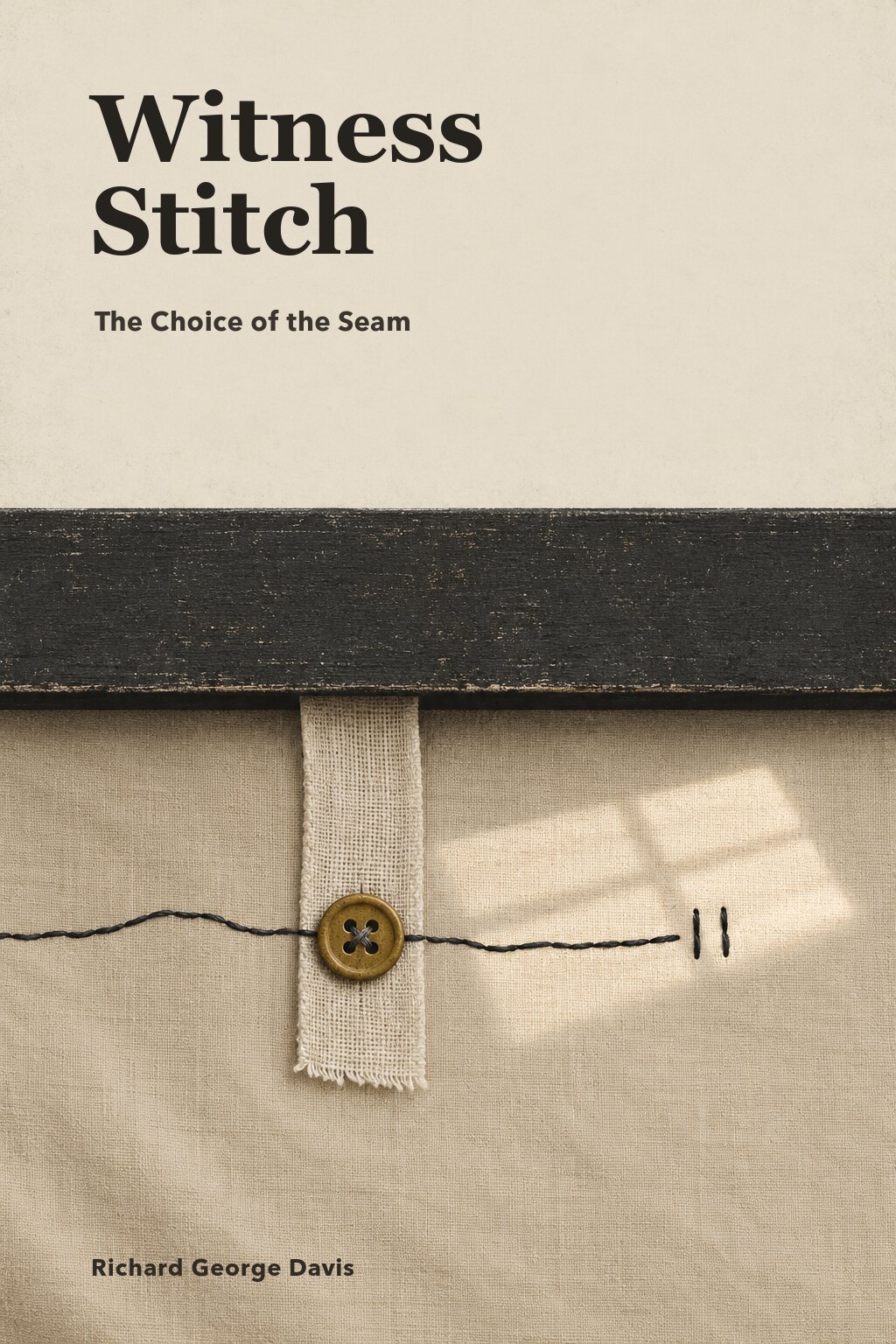 Story cover for Witness Stitch: a crooked black seam and a linen strip cross beneath a dark threshold, joined by a single ochre button.