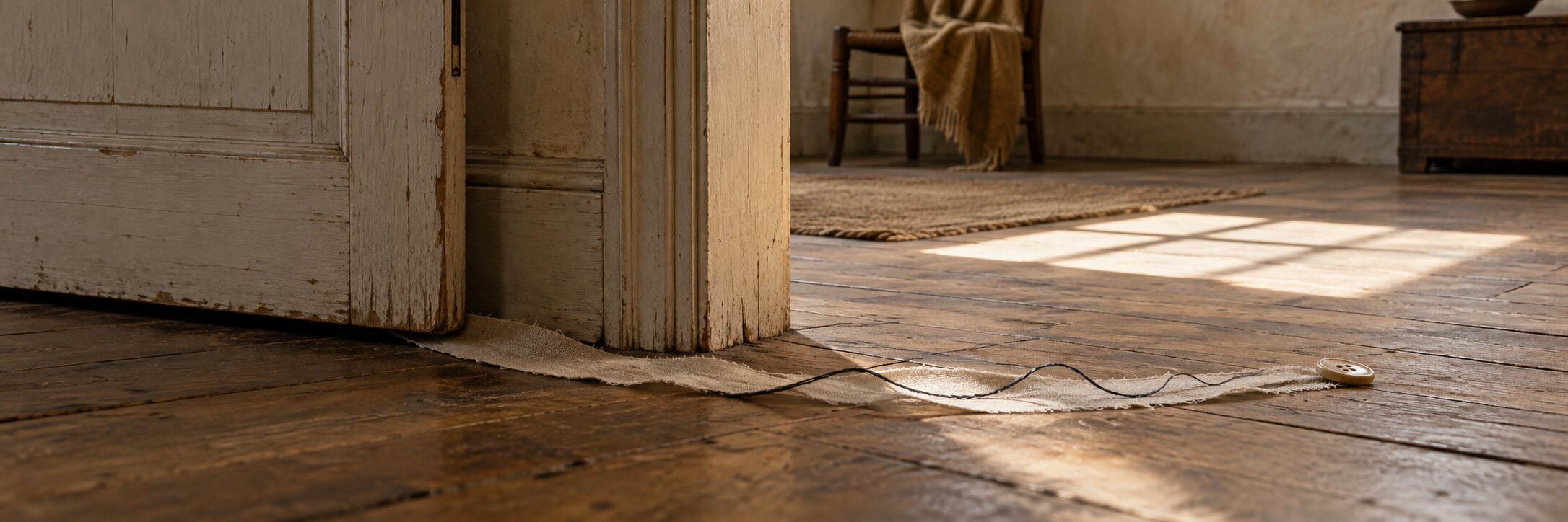 A linen strip threaded with dark thread and a small button runs beneath a doorway between two quiet rooms in window light.