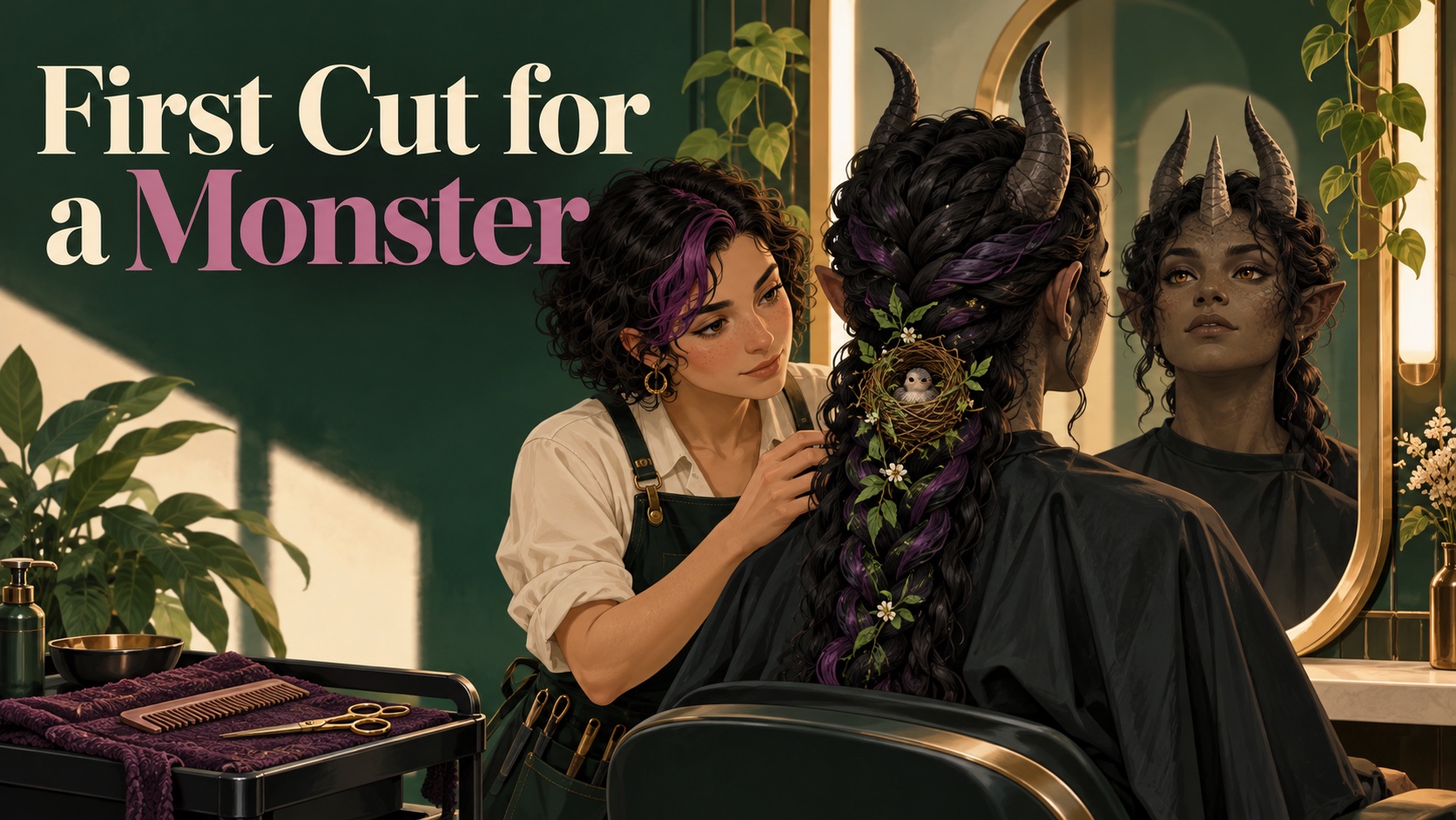 A stylist works on a horned client with braided hair; a small nest sits in the braid beside the cover title.