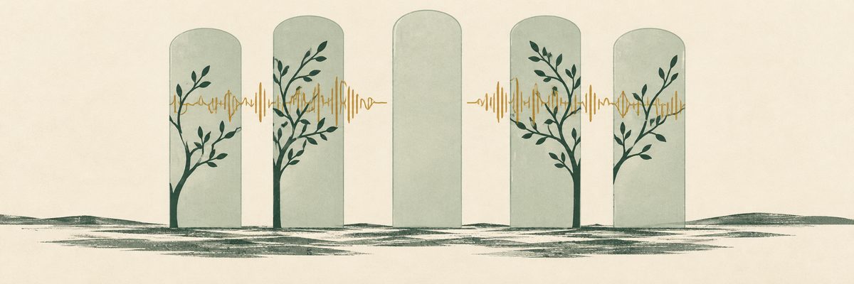 Flat cream-and-green cover showing five translucent orchard panels with branching amber voice patterns and one clear empty space.