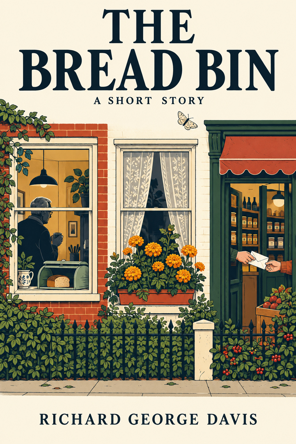 Flat illustrated cover showing a red-brick bakery street, a man at the window, flowers and a letter passed at the shop door; the navy title The Bread Bin, A Short Story and Richard George Davis appear on a cream field.