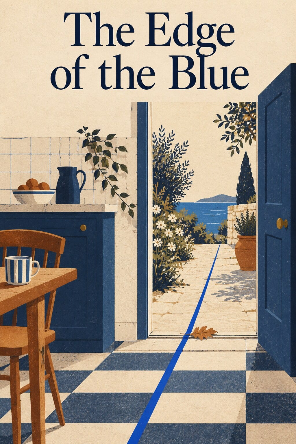 A cobalt line divides a kitchen and garden beneath the title The Edge of the Blue.