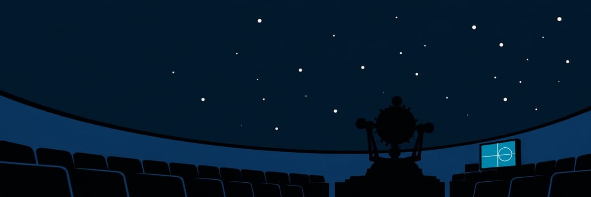 A flat geometric planetarium cover shows ordinary stars above; a single unexplained ring sits only on the service monitor.