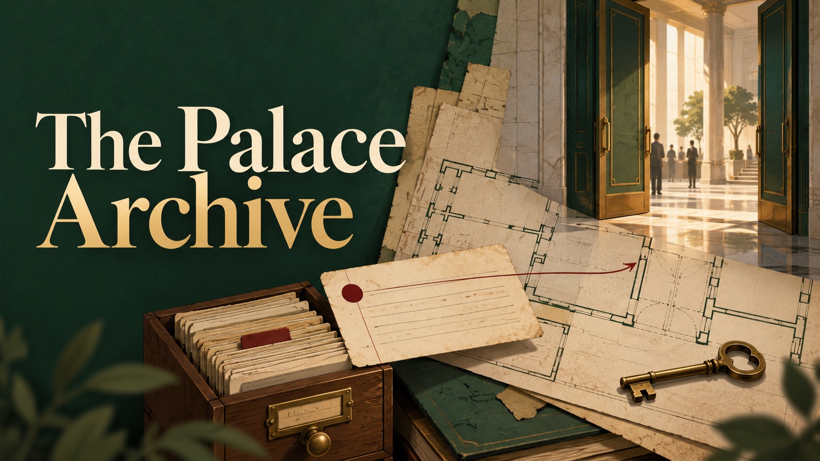 Layered palace floor plans and an open doorway surround an archival card and brass key beneath the title.