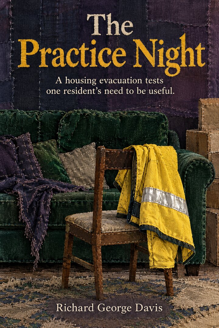 Stitched green sofa, dining chair and yellow volunteer jacket reflect separate strands of Leah’s unfinished home and volunteer life.
