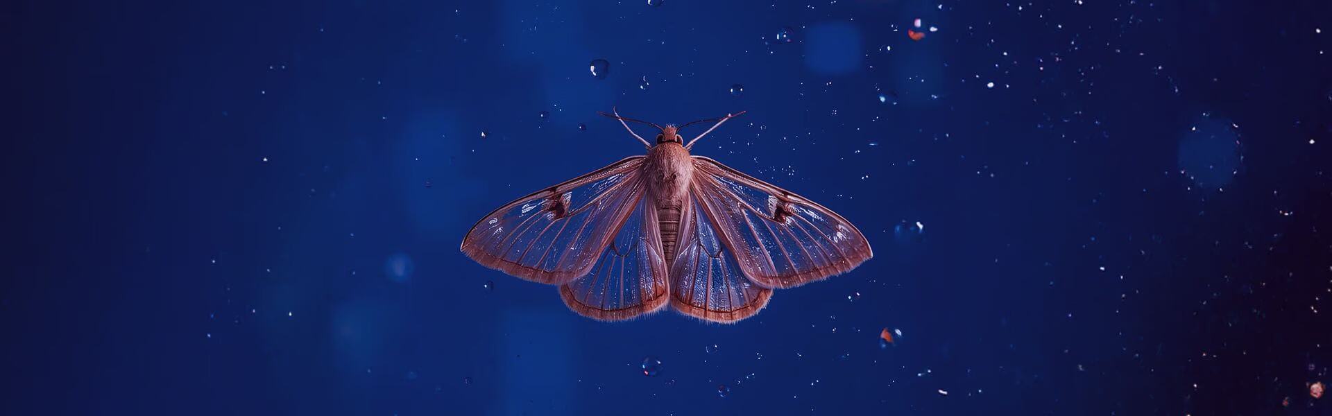 A moth clinging to a cold windowpane beside a softly glowing lamp in a dark room.