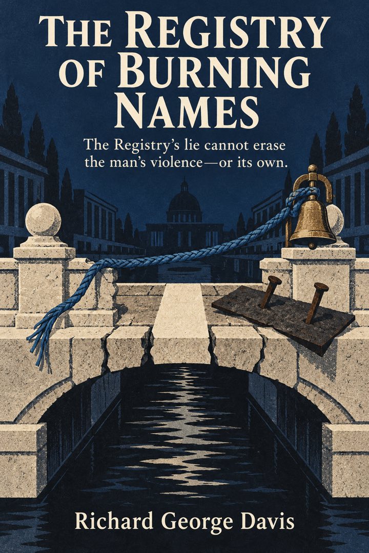 Flat editorial cover: a blue marriage cord crosses a stone canal bridge and catches on a civic consent bell beside a nail-pierced writ.