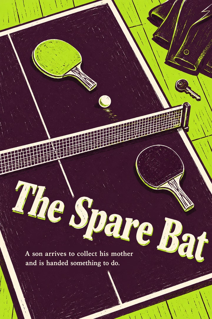 Two table-tennis bats and a ball cross a diagonal table in a bold acid-green and plum linocut.