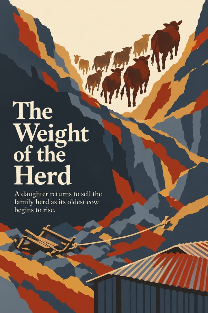 A flat mineral-colour illustration of a herd rising through a pale quarry opening above a broken sled.