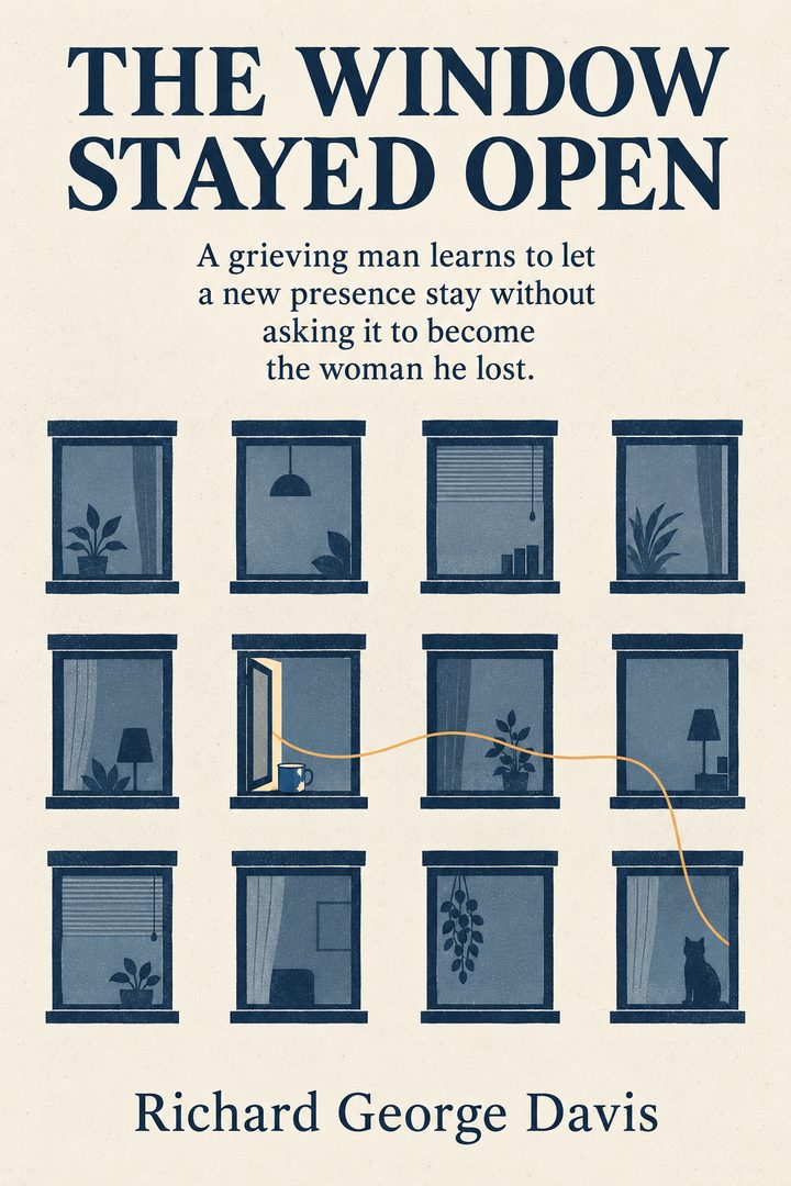 Flat cream-and-navy cover showing twelve apartment windows linked by a fine amber line; one window stands open beside a blue mug, with plants and a cat in the surrounding rooms.