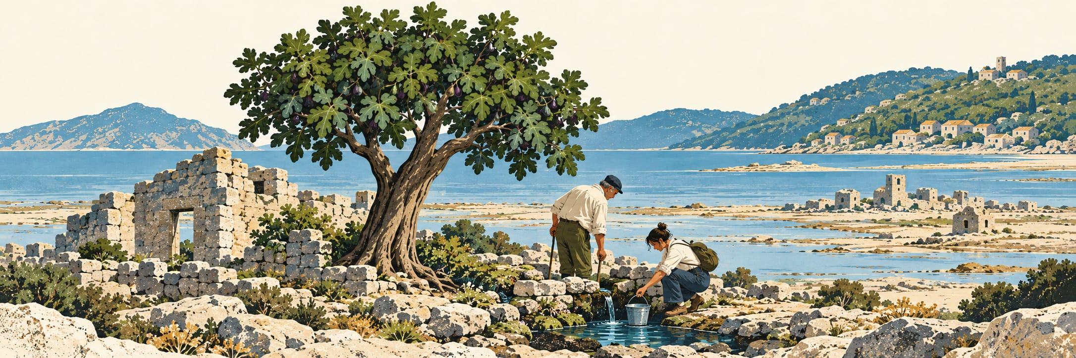 A wide illustration of a father and daughter at a spring beneath a fig tree in a village exposed by the turning sea.