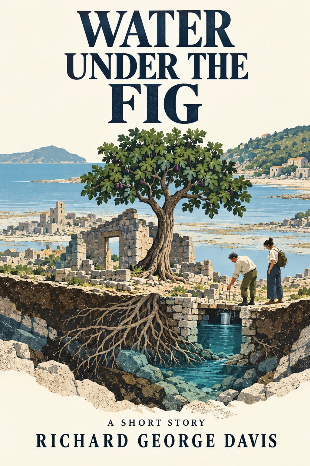 Flat illustrated cover showing a fig tree above an exposed stone village, with its roots reaching towards a spring; a father and daughter test the water beside the tree. The cream, navy and sea-blue cover includes the title Water Under the Fig, A Short Story and Richard George Davis.